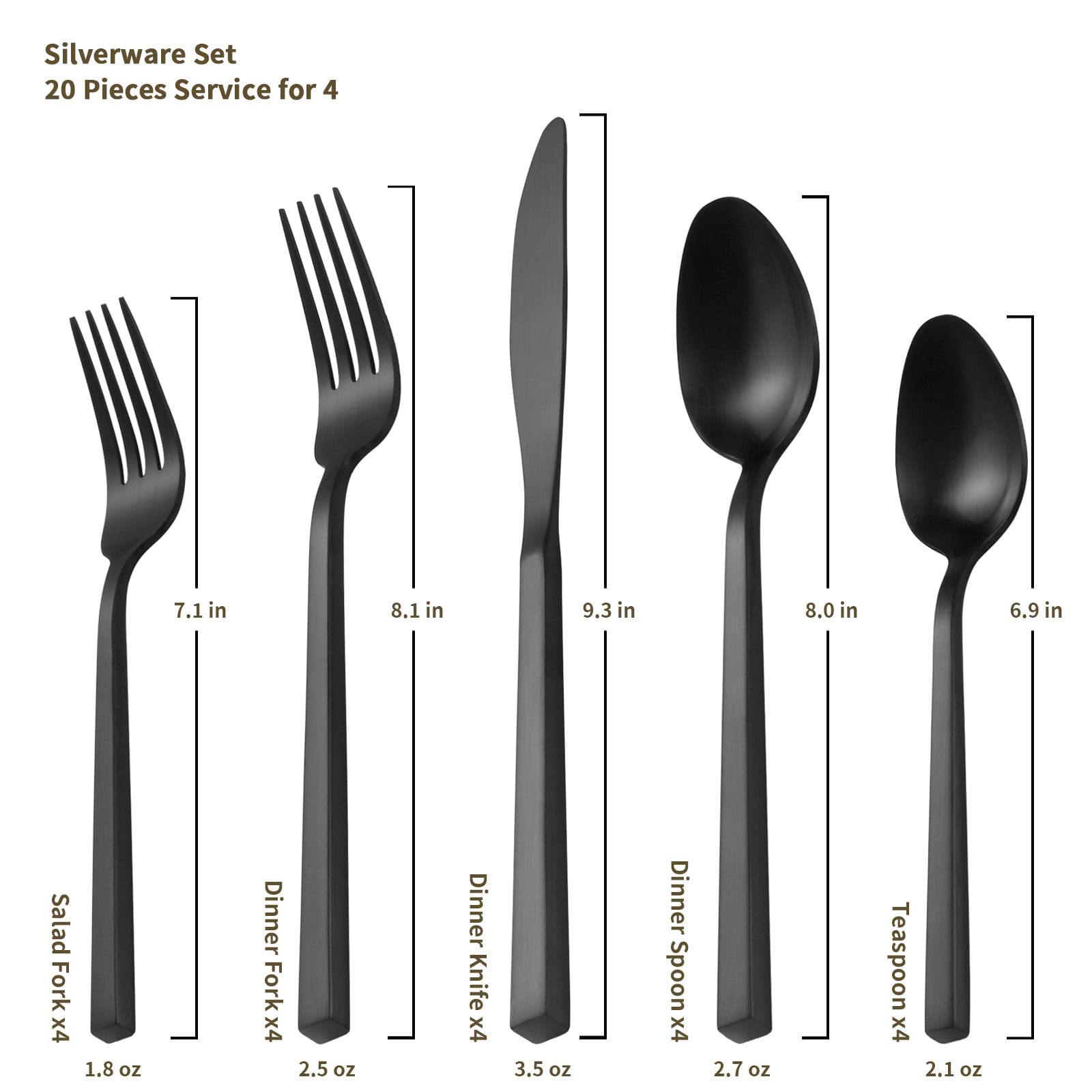 Alata Cube Black 20-Piece Forged Silverware Set Stainless Steel Flatware Set,Service For 4,Matte Satin Polished Cutlery Set,Dish